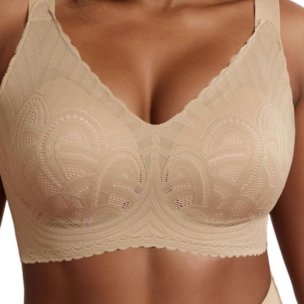 Lace Bra For Women No Underwire Full Coverage‎ Padded Bralette Beige Sz4XL
